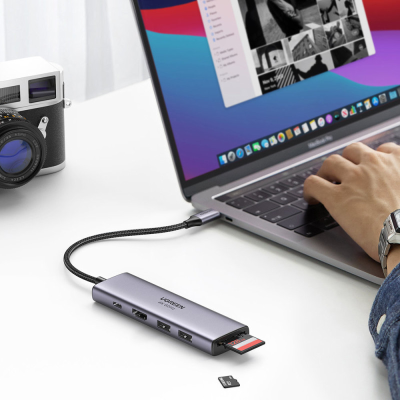 6 viename daugiafunkcis USB-C HUB – 2x USB HDMI 4K SD ir TF kortelių skaitytuvas USB-C PD 100W pilka
