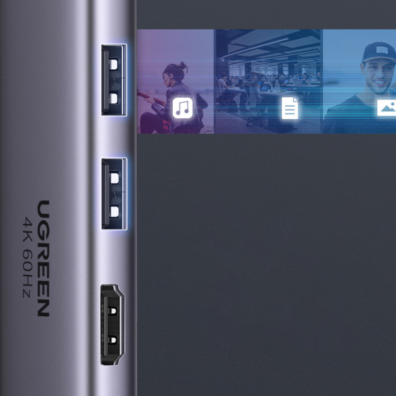 6 viename daugiafunkcis USB-C HUB – 2x USB HDMI 4K SD ir TF kortelių skaitytuvas USB-C PD 100W pilka