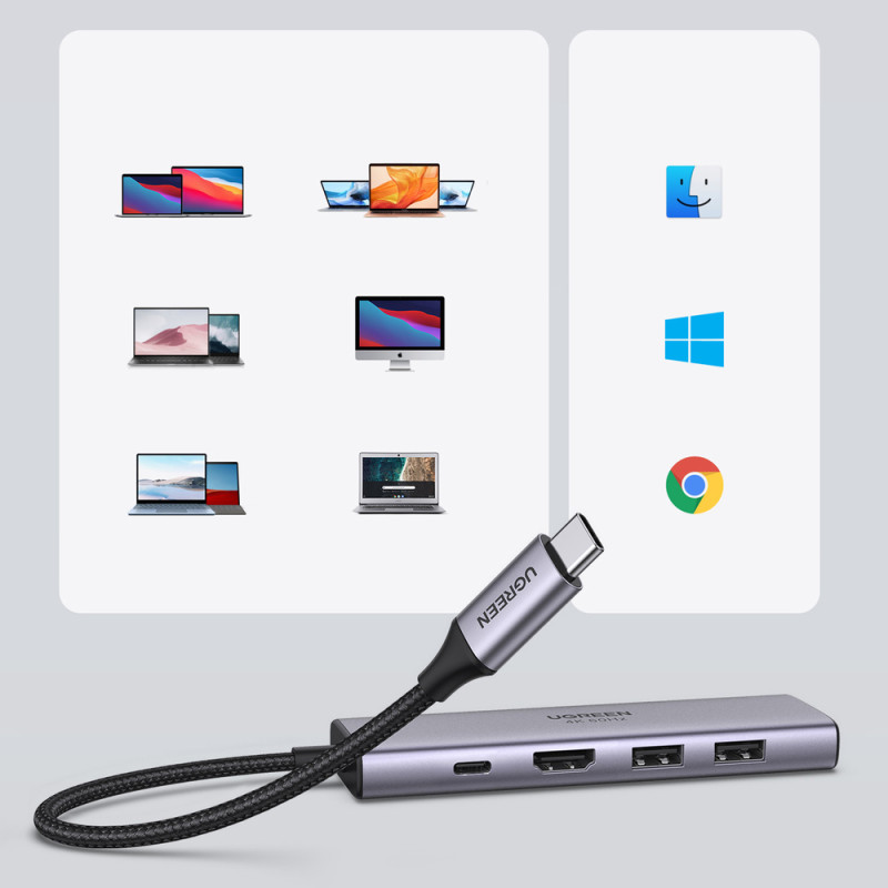 6 viename daugiafunkcis USB-C HUB – 2x USB HDMI 4K SD ir TF kortelių skaitytuvas USB-C PD 100W pilka