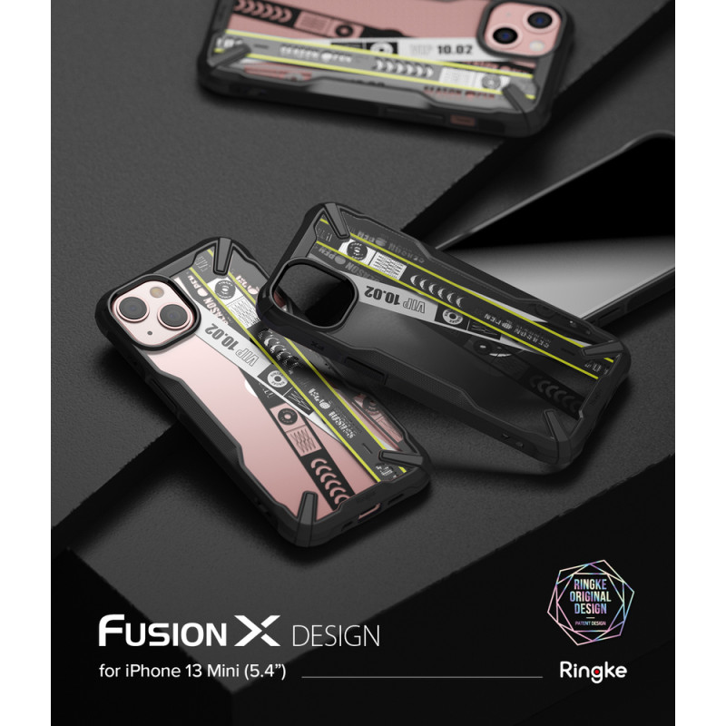 Šarvuotas dėklas su rėmeliu iPhone 13 mini Fusion X Design Ticket juosta, juoda