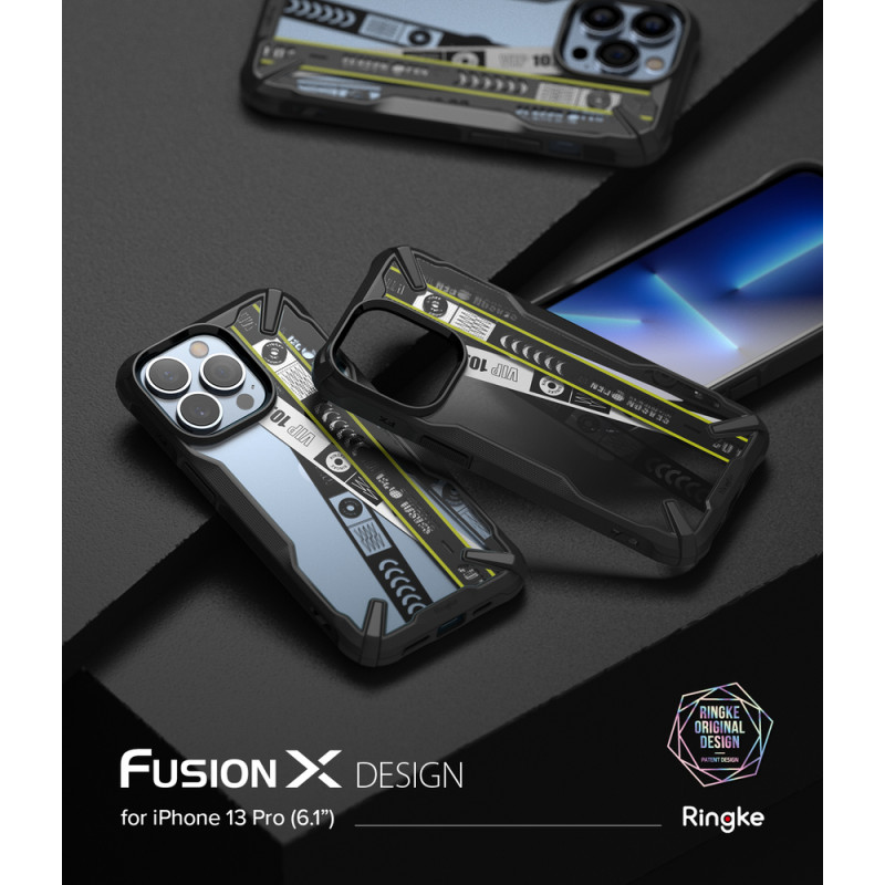 iPhone 13 Pro Fusion X Design Ticket šarvuotas dėklas su rėmeliu, juodas