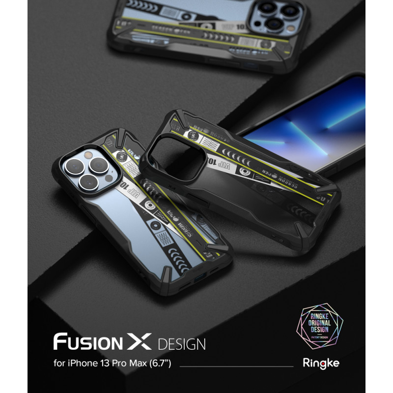 Šarvuotas dėklas su rėmeliu iPhone 13 Pro Max Fusion X Design Ticket juosta, juoda