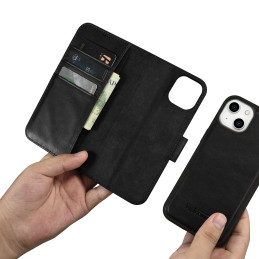 
Dėklas 2 viename odinis atverčiamas dangtelis iPhone 14 anti-RFID alyvos vaško piniginės dėklas juodas
