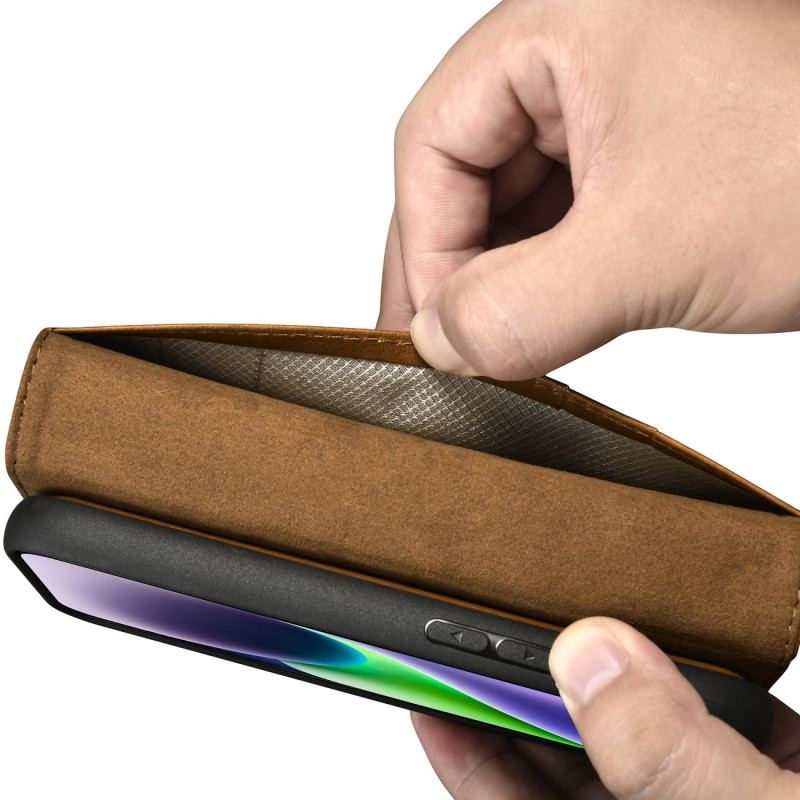 2 viename odinis atverčiamas dangtelis iPhone 14 anti-RFID alyvos vaško piniginės dėklas šviesiai rudas