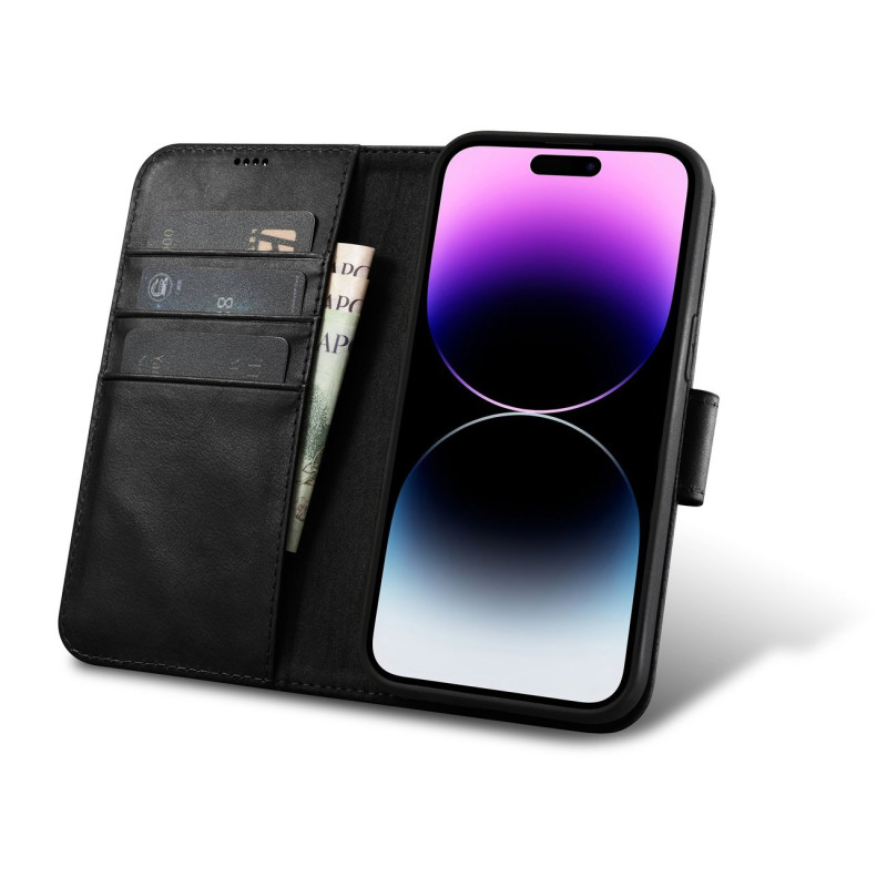 Dėklas 2 viename odinis atverčiamas dangtelis iPhone 14 Pro anti-RFID alyvos vaško piniginės dėklas juodas