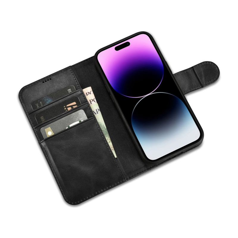 Dėklas 2 viename odinis atverčiamas dangtelis iPhone 14 Pro anti-RFID alyvos vaško piniginės dėklas juodas