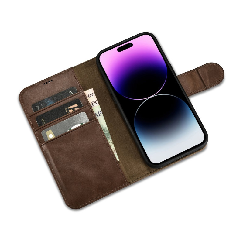2 viename odinis atverčiamas dangtelis iPhone 14 Pro anti-RFID alyvos vaško piniginės dėklas tamsiai rudas