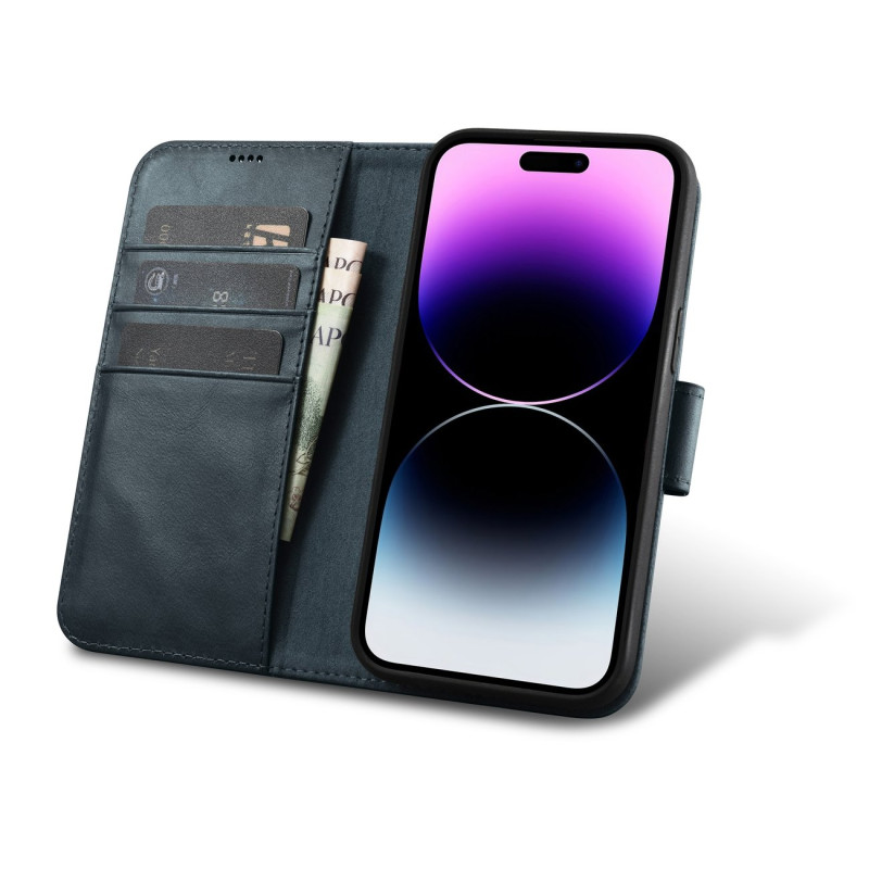 2 viename odinis atverčiamas dangtelis iPhone 14 Pro anti-RFID alyvos vaško piniginės dėklas mėlynas