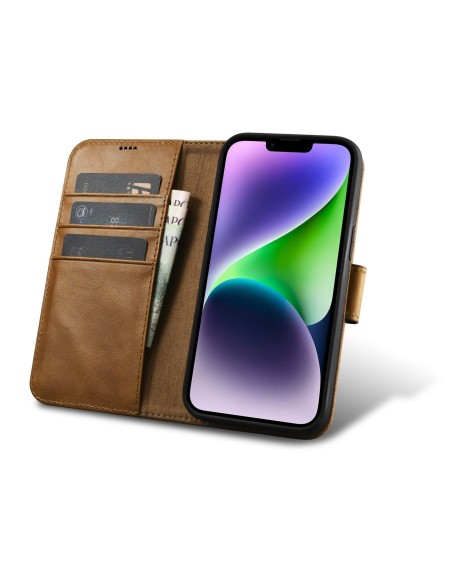 
2 viename odinis atverčiamas dangtelis iPhone 14 Plus anti-RFID alyvos vaško piniginės dėklas šviesiai rudas
