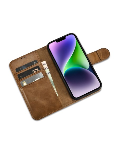 
2 viename odinis atverčiamas dangtelis iPhone 14 Plus anti-RFID alyvos vaško piniginės dėklas šviesiai rudas
