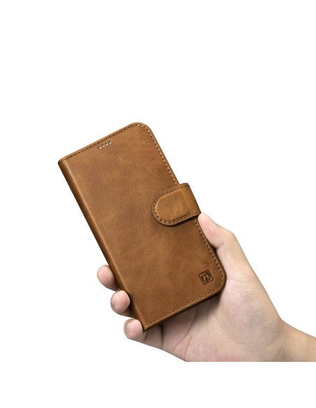 
2 viename odinis atverčiamas dangtelis iPhone 14 Plus anti-RFID alyvos vaško piniginės dėklas šviesiai rudas
