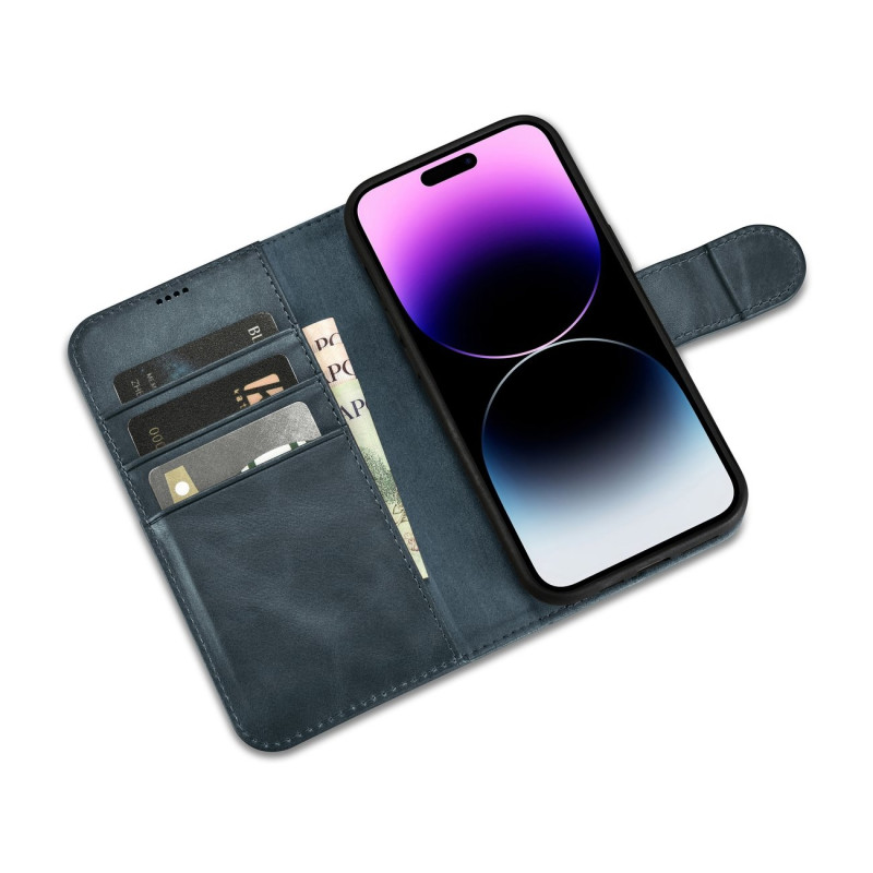 2 viename odinis atverčiamas dangtelis iPhone 14 Pro Max anti-RFID alyvos vaško piniginės dėklas mėlynas