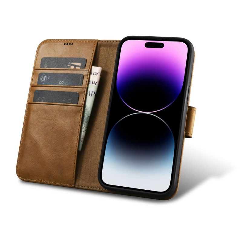 
2 viename odinis atverčiamas dangtelis „iPhone 14 Pro Max Anti-RFID Oil Wax“ piniginės dėklas šviesiai rudas
