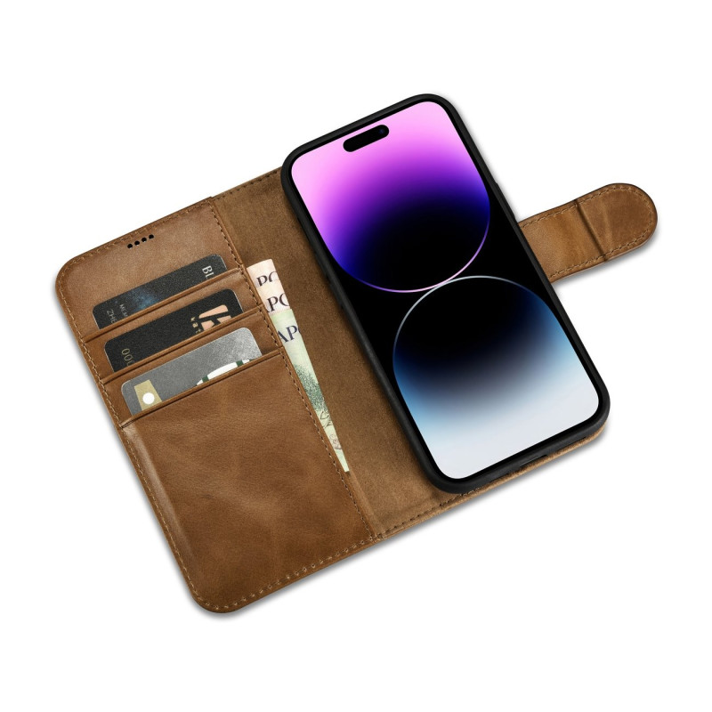 2 viename odinis atverčiamas dangtelis „iPhone 14 Pro Max Anti-RFID Oil Wax“ piniginės dėklas šviesiai rudas