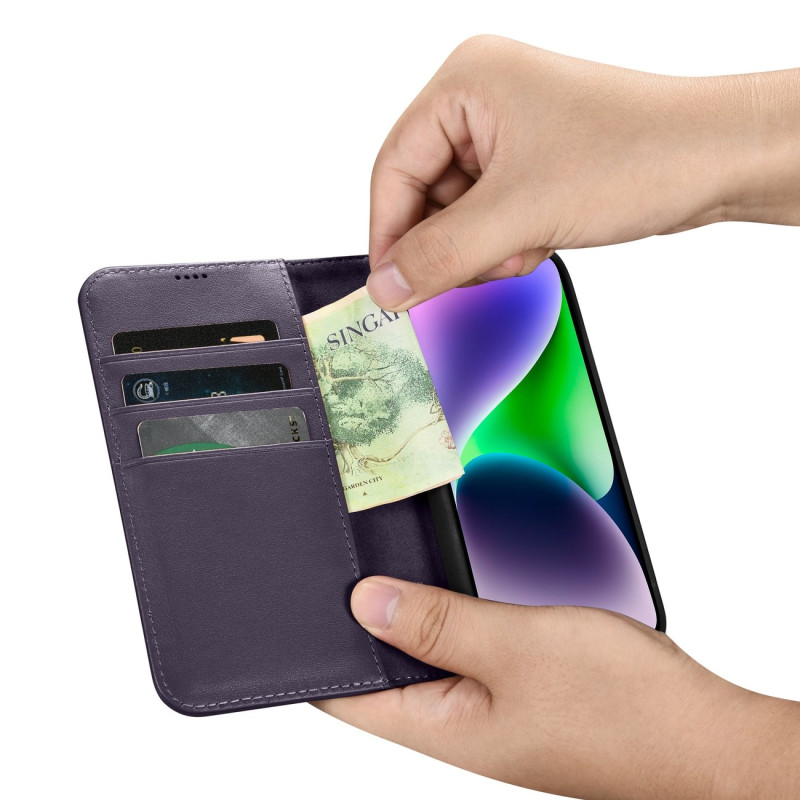 2 viename odinis atverčiamas dangtelis iPhone 14 anti-RFID piniginės dėklas Tamsiai violetinis