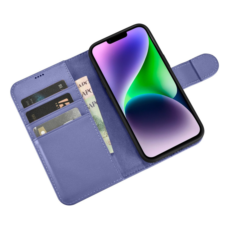 2 viename odinis atverčiamas dangtelis iPhone 14 anti-RFID piniginės dėklas Šviesiai violetinis