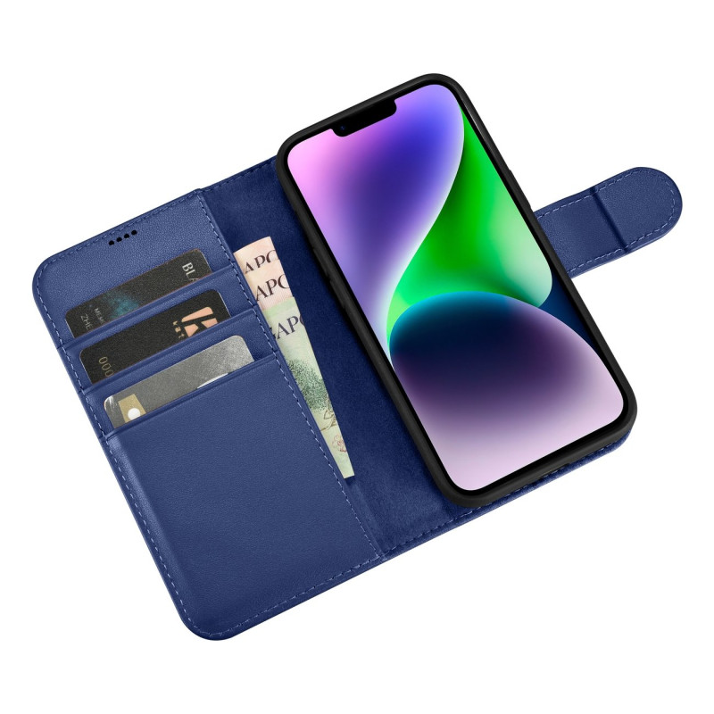 2 viename odinis atverčiamas dangtelis iPhone 14 anti-RFID piniginės dėklas, mėlynas