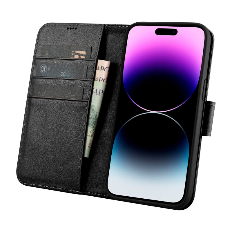 
2in1 odinis atverčiamas dangtelis iPhone 14 Pro anti-RFID piniginės dėklas, juodas
