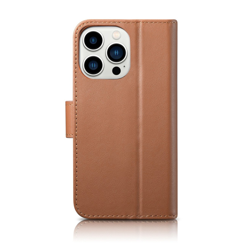 2 viename odinis atverčiamas dangtelis iPhone 14 Pro anti-RFID piniginės dėklas, rudas