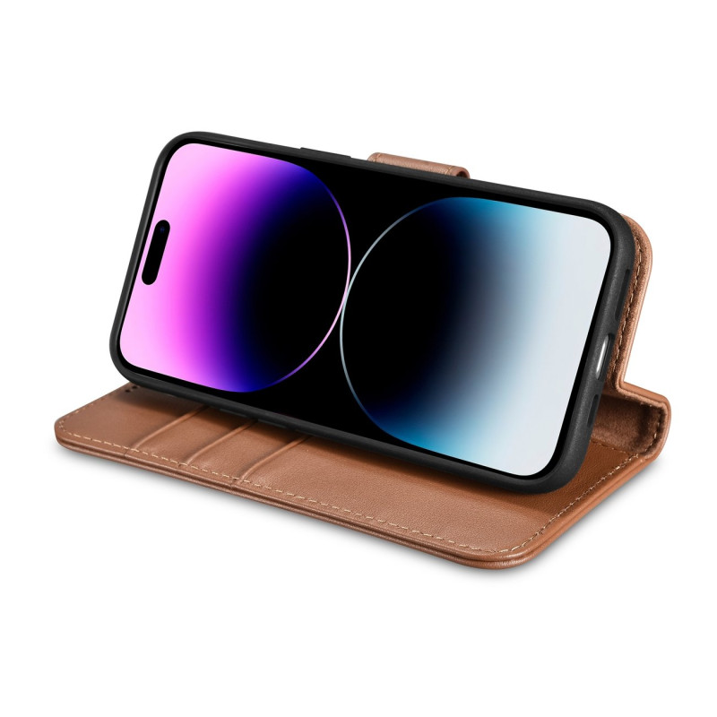 2 viename odinis atverčiamas dangtelis iPhone 14 Pro anti-RFID piniginės dėklas, rudas