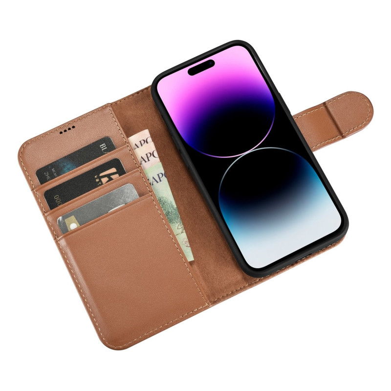 2 viename odinis atverčiamas dangtelis iPhone 14 Pro anti-RFID piniginės dėklas, rudas