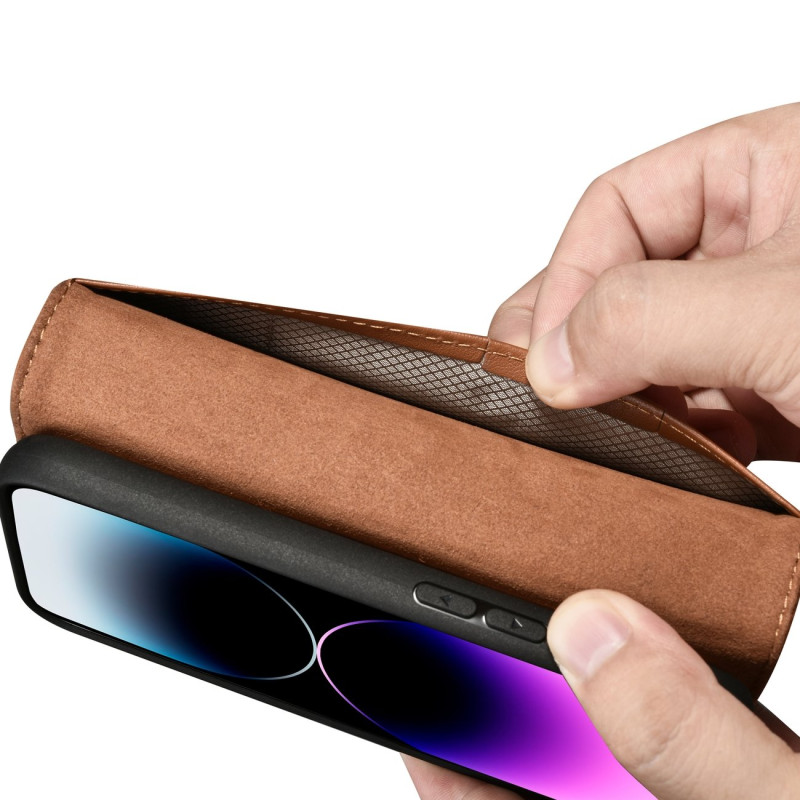 2 viename odinis atverčiamas dangtelis iPhone 14 Pro anti-RFID piniginės dėklas, rudas
