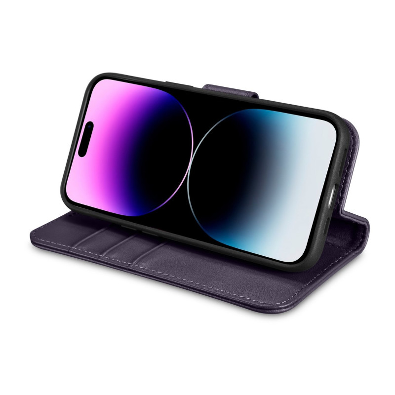 2 viename odinis atverčiamas dangtelis iPhone 14 Pro anti-RFID piniginės dėklas Tamsiai violetinis