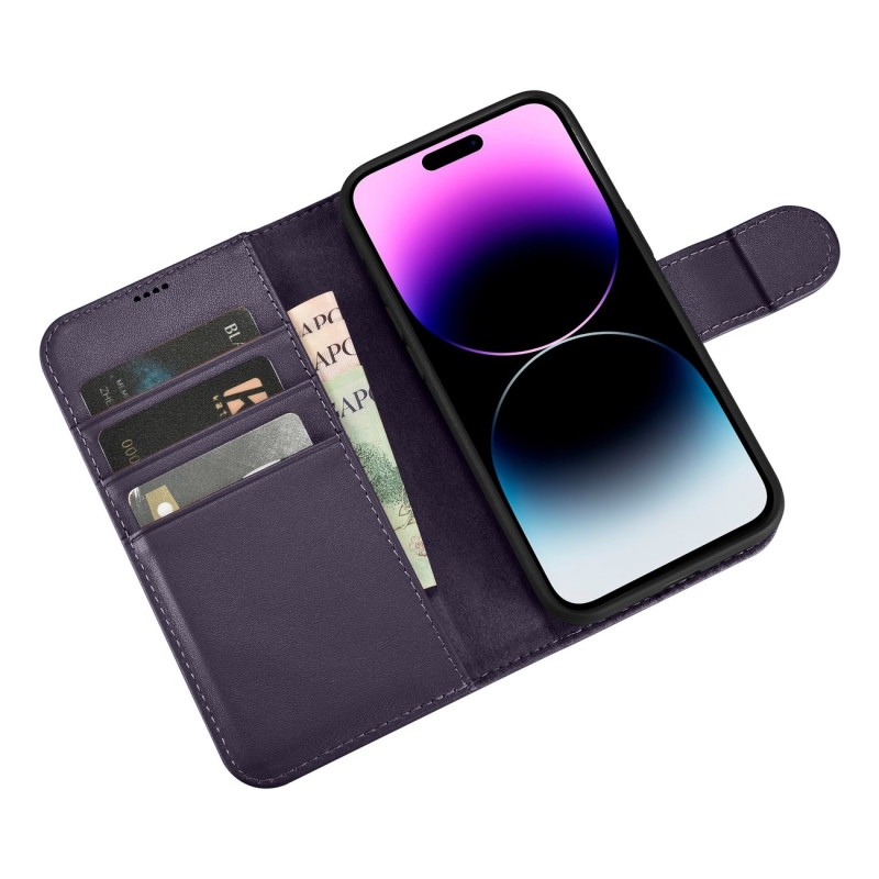 2 viename odinis atverčiamas dangtelis iPhone 14 Pro anti-RFID piniginės dėklas Tamsiai violetinis