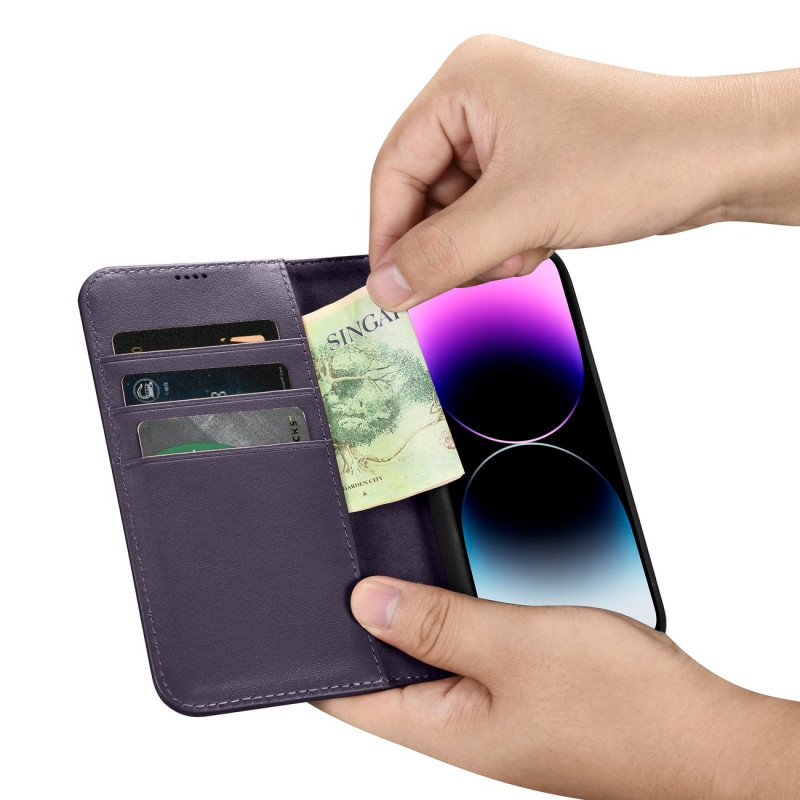 2 viename odinis atverčiamas dangtelis iPhone 14 Pro anti-RFID piniginės dėklas Tamsiai violetinis