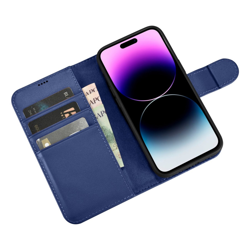 2 viename odinis atverčiamas dangtelis iPhone 14 Pro anti-RFID piniginės dėklas, mėlynas