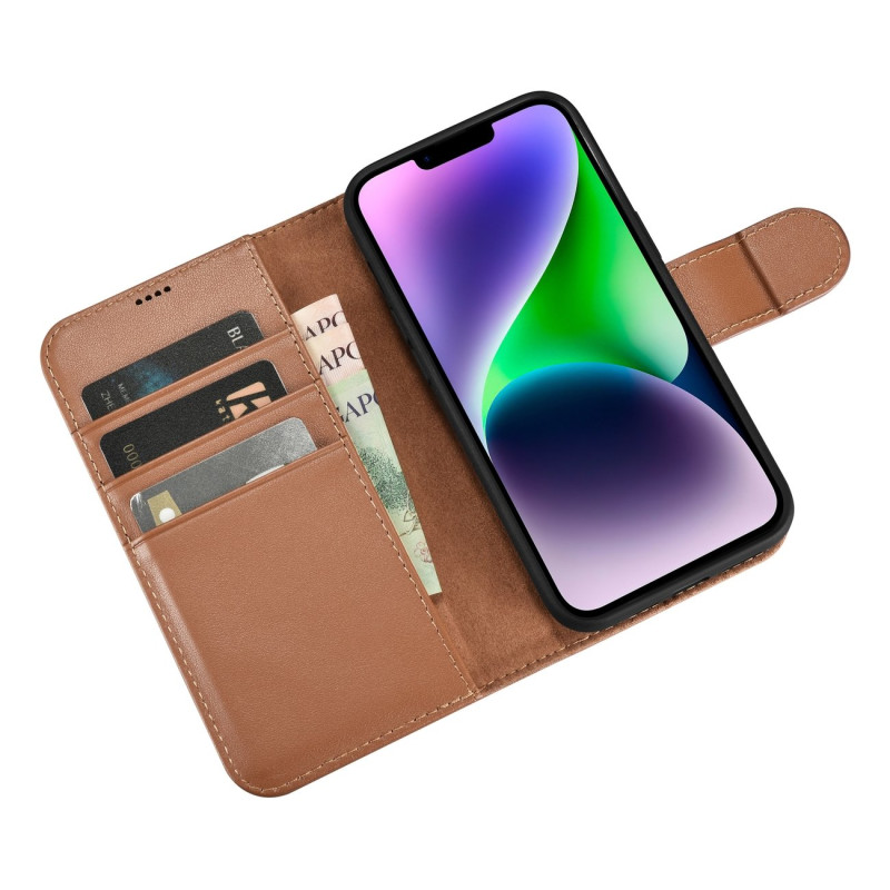2 viename odinis atverčiamas dangtelis iPhone 14 Plus anti-RFID piniginės dėklas, rudas