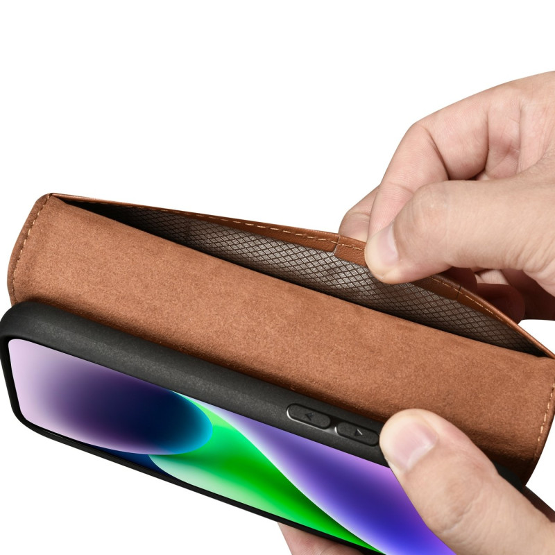 2 viename odinis atverčiamas dangtelis iPhone 14 Plus anti-RFID piniginės dėklas, rudas