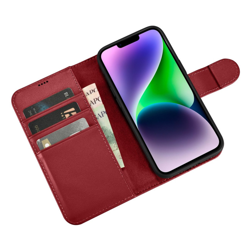 2 viename odinis atverčiamas dangtelis iPhone 14 Plus anti-RFID piniginės dėklas, raudonas