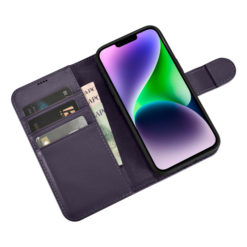 2 viename odinis atverčiamas dangtelis iPhone 14 Plus Anti-RFID piniginės dėklas Tamsiai violetinis