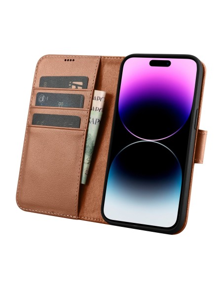 
2 viename odinis atverčiamas dangtelis iPhone 14 Pro Max Anti-RFID piniginės dėklas, rudas
