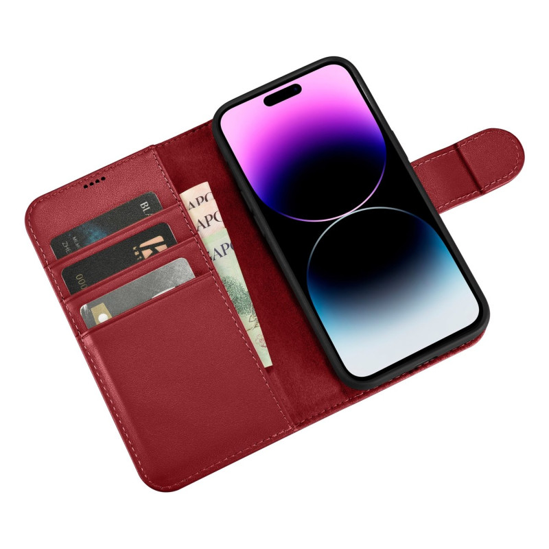 2 viename odinis atverčiamas dangtelis iPhone 14 Pro Max Anti-RFID piniginės dėklas, raudonas
