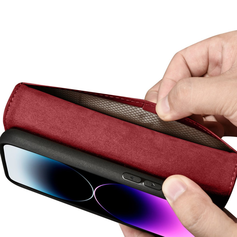 2 viename odinis atverčiamas dangtelis iPhone 14 Pro Max Anti-RFID piniginės dėklas, raudonas
