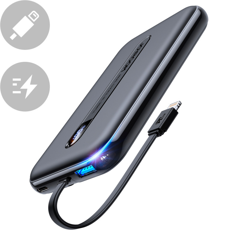 Maitinimo bankas su įmontuotu kabeliu Iphone Lightning 10000mAh PD QC3.0 juodas