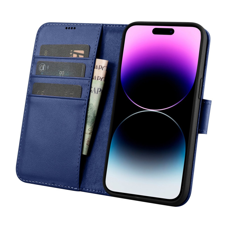 
2 viename odinis atverčiamas dangtelis iPhone 14 Pro Max Anti-RFID piniginės dėklas, mėlynas

