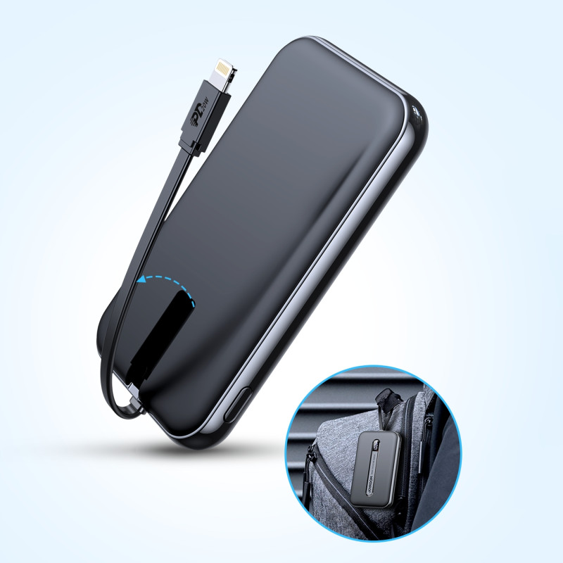 Maitinimo bankas su įmontuotu kabeliu Iphone Lightning 10000mAh PD QC3.0 juodas
