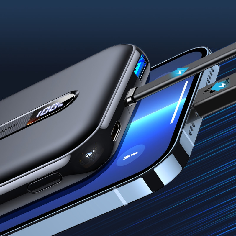 Maitinimo bankas su įmontuotu kabeliu Iphone Lightning 10000mAh PD QC3.0 juodas