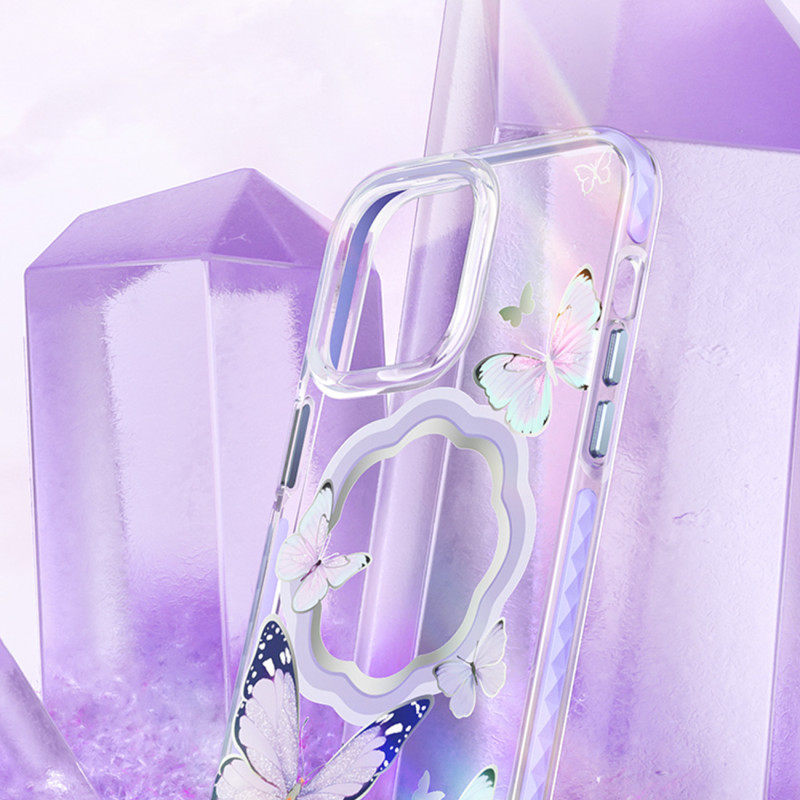 Magnetinis dėklas su drugeliais, skirtas iPhone 14 Plus MagSafe Butterfly Series violetinis