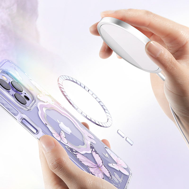 Magnetinis dėklas su drugeliais skirtas iPhone 14 Plus MagSafe Butterfly Series mėlynai