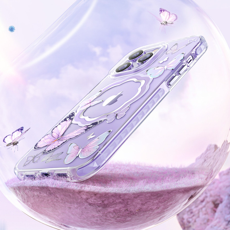 Magnetinis dėklas su drugeliais skirtas iPhone 14 Plus MagSafe Butterfly Series mėlynai