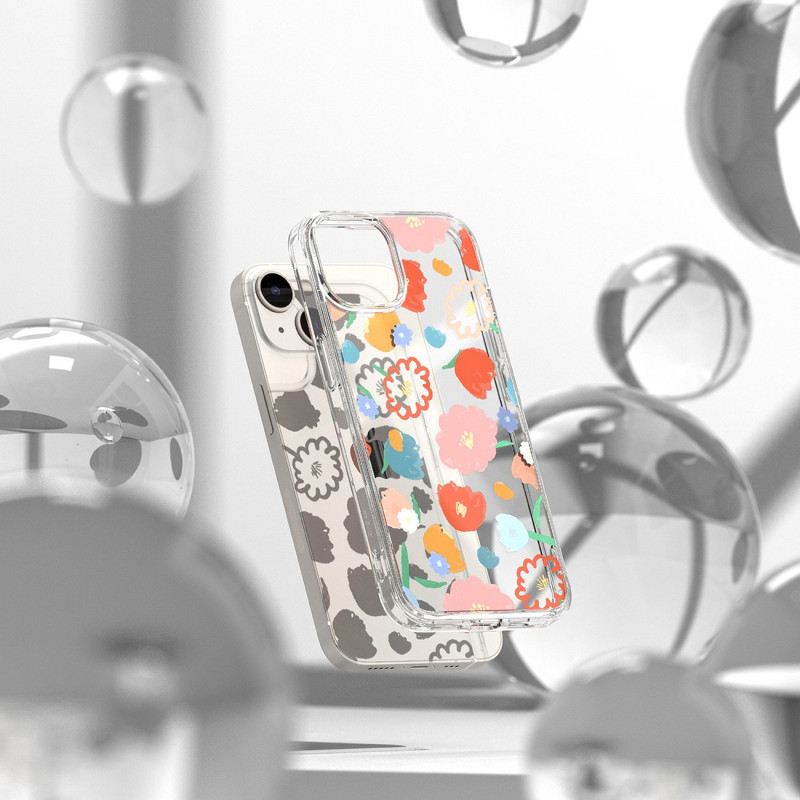 Šarvuotas dėklo dangtelis su geliniu rėmeliu iPhone 14 Plus Fusion Design, gėlėtas skaidrus