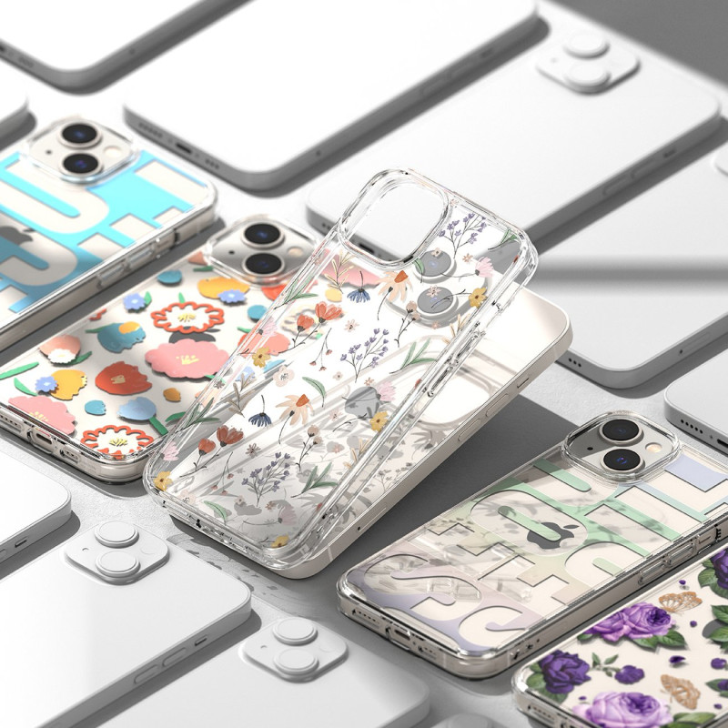 Šarvuotas dėklo dangtelis su geliniu rėmeliu iPhone 14 Plus Fusion Design, gėlėtas skaidrus