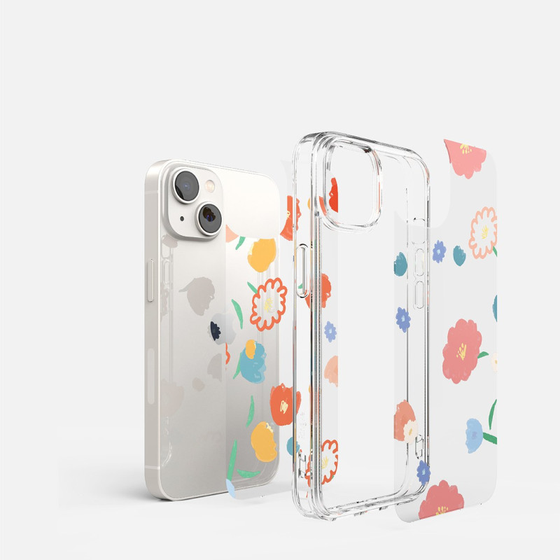 Šarvuotas dėklo dangtelis su geliniu rėmeliu iPhone 14 Plus Fusion Design, gėlėtas skaidrus