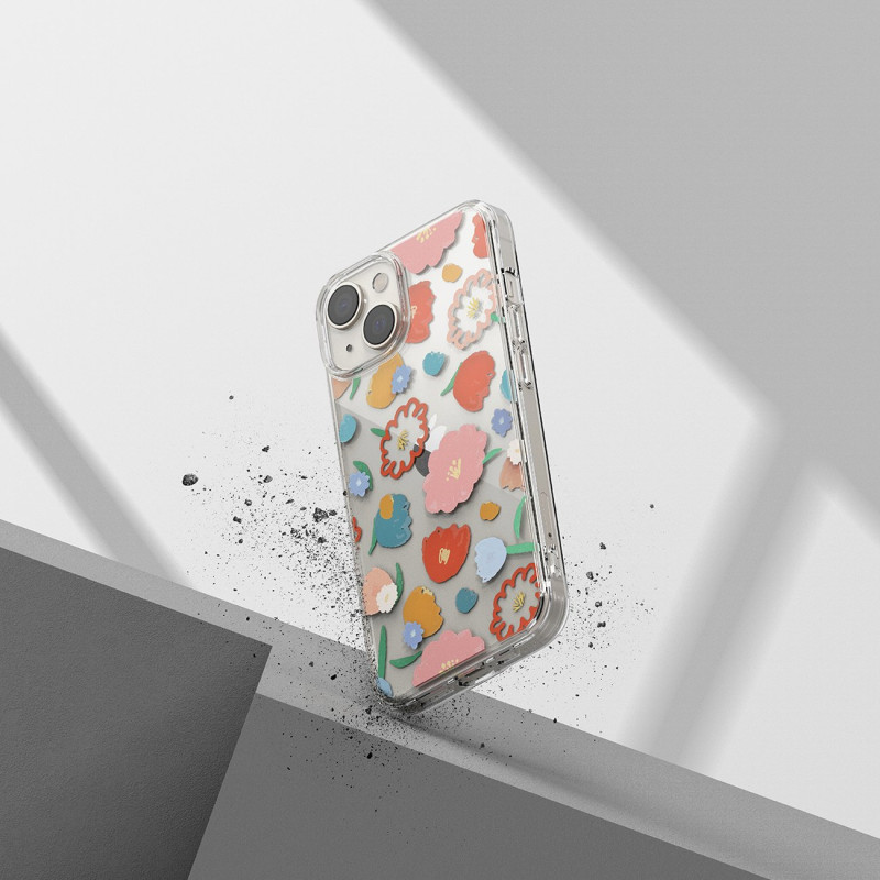 Šarvuotas dėklo dangtelis su geliniu rėmeliu iPhone 14 Plus Fusion Design, gėlėtas skaidrus