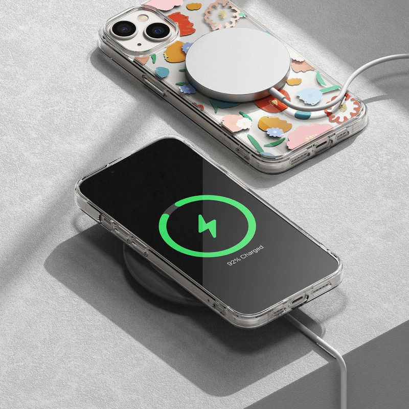 Šarvuotas dėklo dangtelis su geliniu rėmeliu iPhone 14 Plus Fusion Design, gėlėtas skaidrus