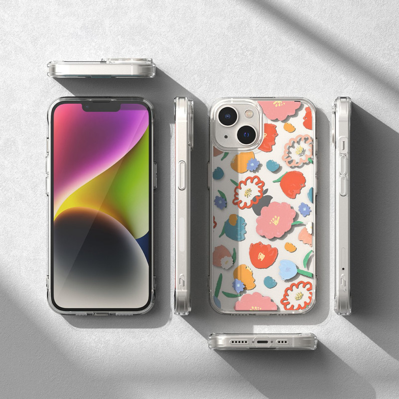 Šarvuotas dėklo dangtelis su geliniu rėmeliu iPhone 14 Plus Fusion Design, gėlėtas skaidrus